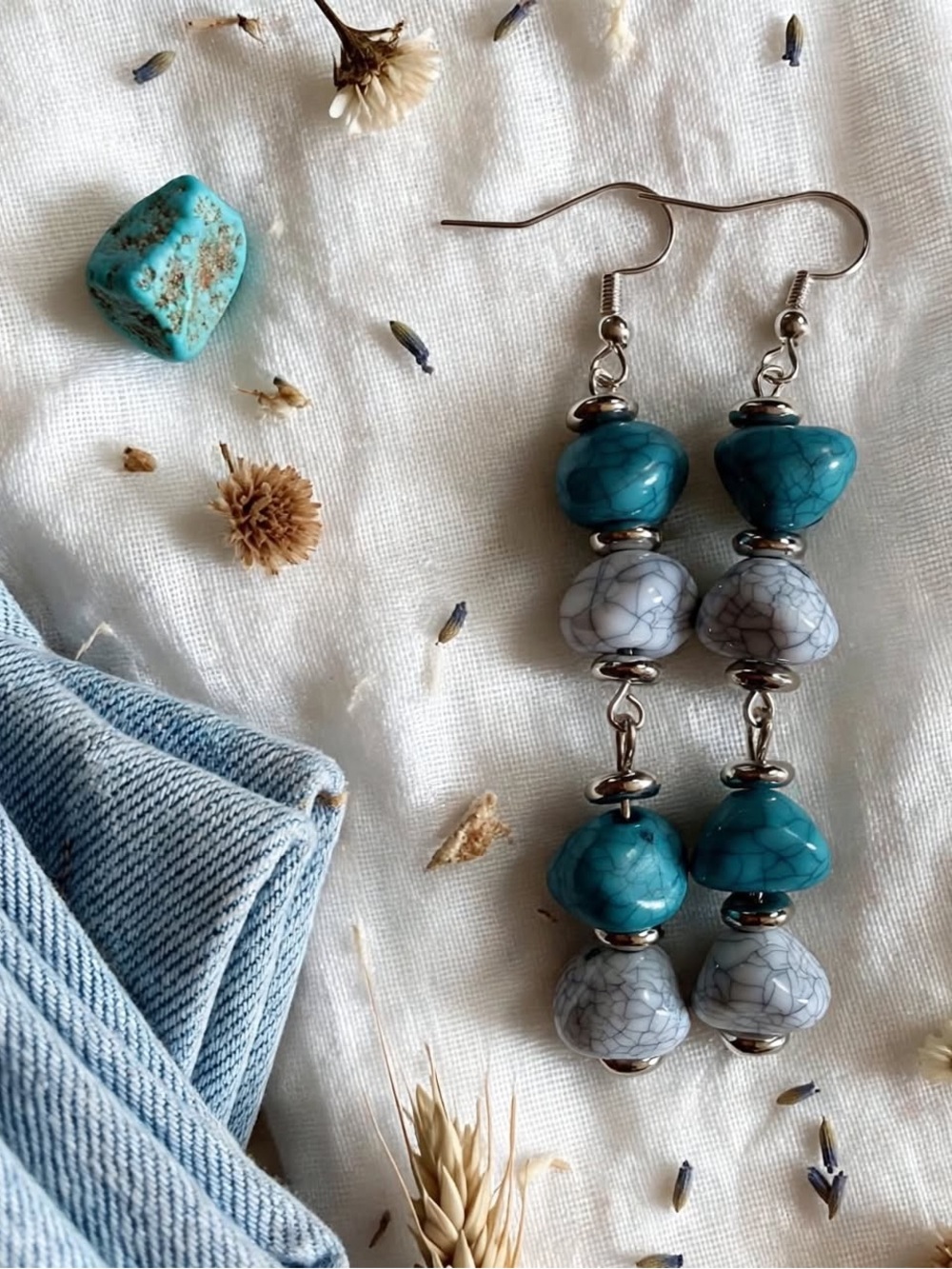 Pink Camo Soul Handmade Turquoise Crackle Bead Dangle Earrings